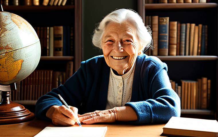 **Image Prompt:** A wise, fully clothed, elderly woman with a warm smile, sitting in a sunlit study filled with books. She is wearing modest, traditional clothing. Background shows a globe and antique writing desk. Perfect anatomy, correct proportions, natural pose, well-formed hands, proper finger count, natural body proportions. Professional photography, high quality, safe for work, appropriate content, family-friendly, professional.