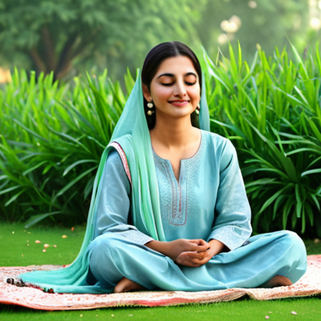 **A serene Pakistani woman** in modest traditional clothing (shalwar kameez), sitting peacefully in a lush green garden in Lahore, Pakistan. She is meditating with her eyes closed, a gentle smile on her face. The scene is bathed in soft morning light, emphasizing the beauty of nature. High-quality, perfect anatomy, natural pose, appropriate attire, fully clothed, professional, safe for work, family-friendly content.