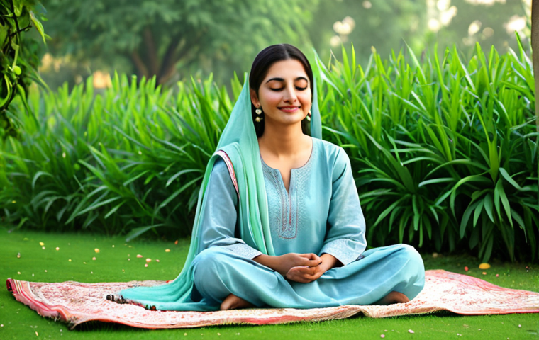 **A serene Pakistani woman** in modest traditional clothing (shalwar kameez), sitting peacefully in a lush green garden in Lahore, Pakistan. She is meditating with her eyes closed, a gentle smile on her face. The scene is bathed in soft morning light, emphasizing the beauty of nature. High-quality, perfect anatomy, natural pose, appropriate attire, fully clothed, professional, safe for work, family-friendly content.