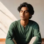 내면의 지혜를 통한 진정한 자아 찾기 - **Prompt:** A serene and contemplative young adult, gender-neutral, of South Asian descent, sitting ...