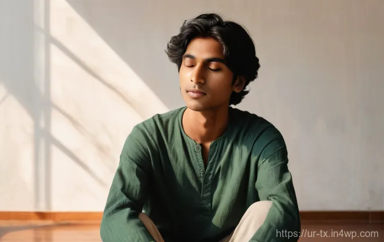 내면의 지혜를 통한 진정한 자아 찾기 - **Prompt:** A serene and contemplative young adult, gender-neutral, of South Asian descent, sitting ...