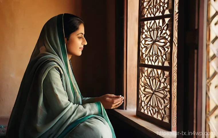 내면의 목소리에 귀 기울이는 법 - **A serene portrait of an adult individual, dressed in modest traditional South Asian attire (such a...