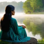 내면의 지혜와 자아 수용의 관계 - **Prompt: Serene Self-Reflection in Nature**
    A modestly dressed, adult woman, of South Asian des...