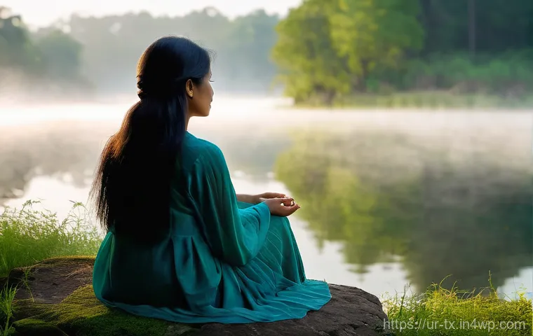 내면의 지혜와 자아 수용의 관계 - **Prompt: Serene Self-Reflection in Nature**
    A modestly dressed, adult woman, of South Asian des...