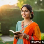 Home 21 내면의 지혜와 자주성의 중요성 - A serene portrait of a confident young South Asian woman in traditional modest attire, standing in a...