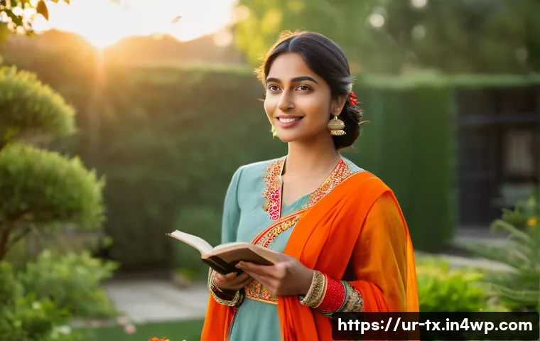내면의 지혜와 자주성의 중요성 - A serene portrait of a confident young South Asian woman in traditional modest attire, standing in a...