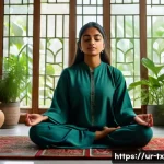 Home 20 내면의 지혜를 통해 배울 수 있는 교훈 - A serene scene of a young South Asian woman in traditional modest attire, sitting cross-legged on a ...