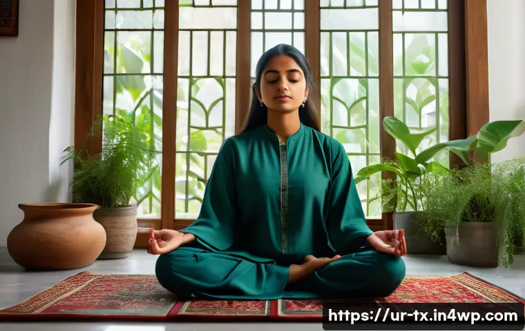 내면의 지혜를 통해 배울 수 있는 교훈 - A serene scene of a young South Asian woman in traditional modest attire, sitting cross-legged on a ...