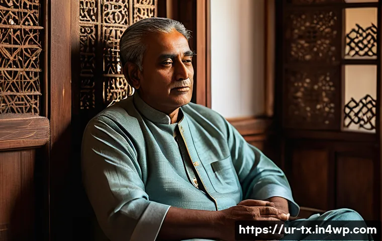 내면의 지혜에서 얻는 삶의 통찰 - A serene middle-aged South Asian man sitting quietly in a traditional Urdu-style living room, wearin...