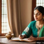 Home 23 내면의 지혜를 통한 긍정적인 변화 만들기 - A serene scene of a young South Asian woman sitting peacefully in a quiet room adorned with traditio...