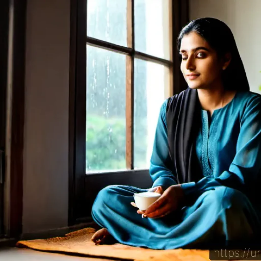 내면의 지혜와 감정적 회복의 중요성 - Photorealistic intimate portrait of a Pakistani woman in modest shalwar kameez and a softly draped d...
