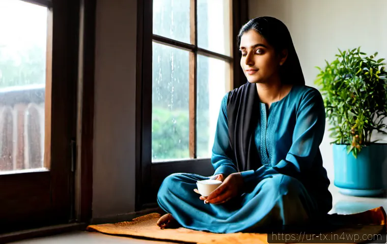 내면의 지혜와 감정적 회복의 중요성 - Photorealistic intimate portrait of a Pakistani woman in modest shalwar kameez and a softly draped d...