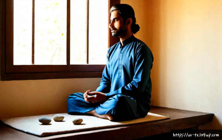 Home 17 불교의 내면 지혜 접근법 - Photorealistic quiet morning scene of a Pakistani Urdu-speaking adult seated peacefully on a simple ...